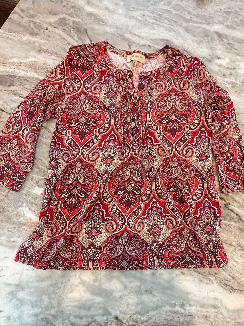 Jones New York Sport Paisley Blouse Medium Red Boho 3/4 Sleeve Top